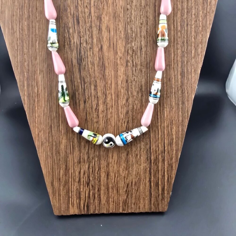 Hand-Painted Ceramic Beaded Necklace With Wildlife & Landscape Scenes READ - Picture 2 of 13